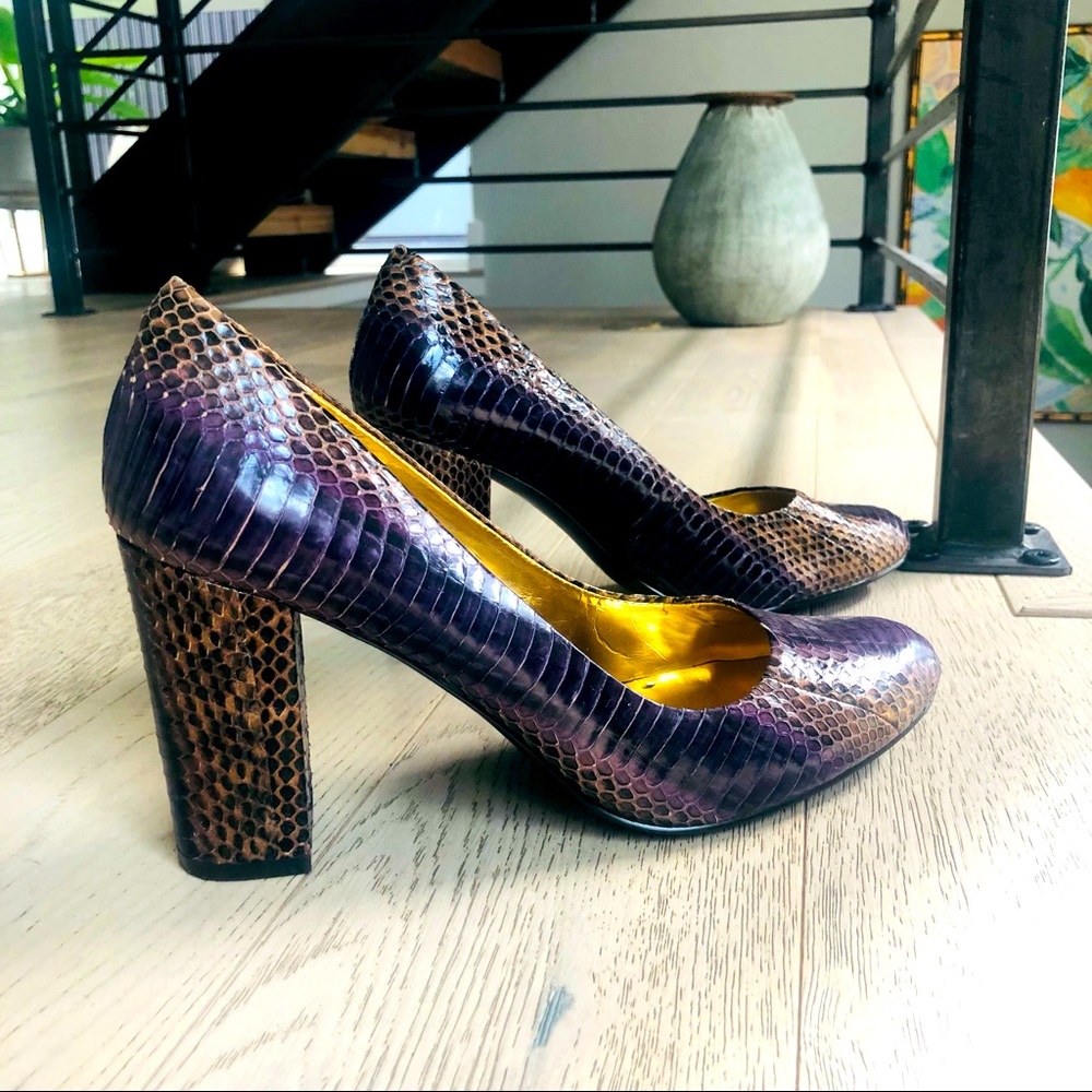 BCBG Purple Textured Rattlesnake Block High Heels